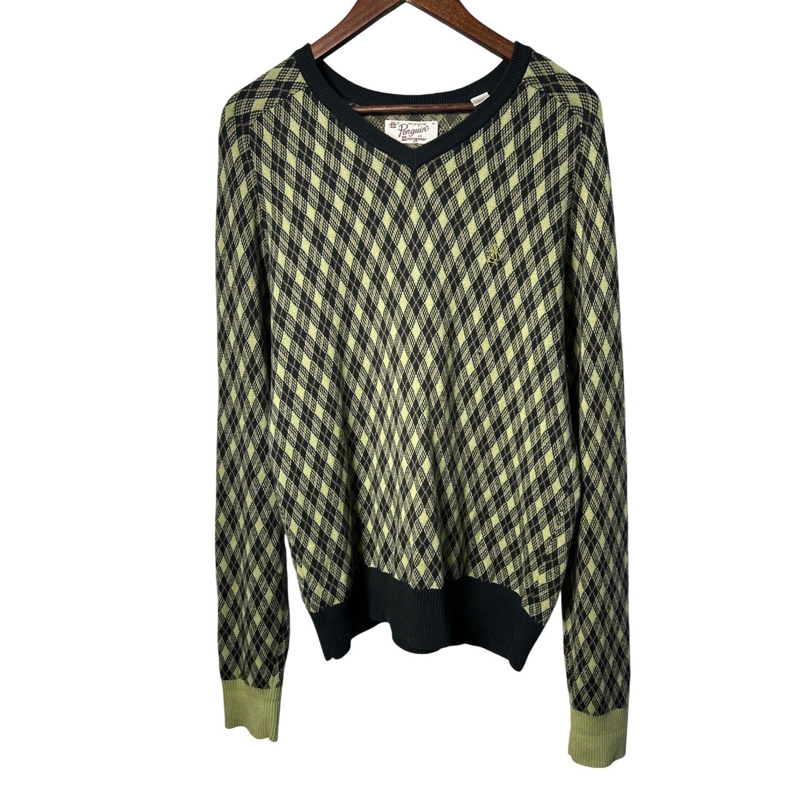 Original Penguin Men Medium Argyle Pattern V-Neck Green Sweater Fisherman Casual image 2