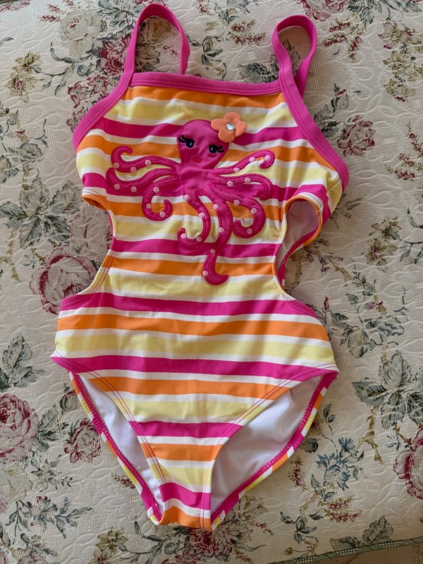 Gymboree Swimsuit Octopus Pink Yellow Orange Striped Size 7  NO PILING, NO STAIN