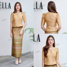 Thai Set Traditional Dress Long Skirt Wedding Silk Sleeves Blouse Women Apparel