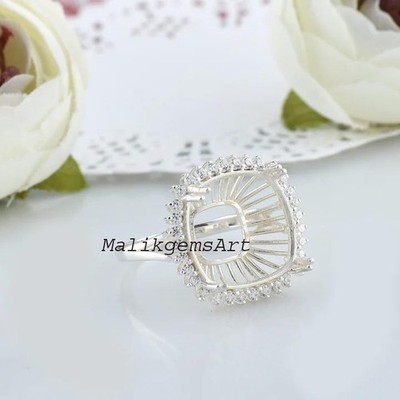 13 X 13 MM Cushion Stone Prong Mount Ring 925 Sterling Silver CZ Setting Ring #5