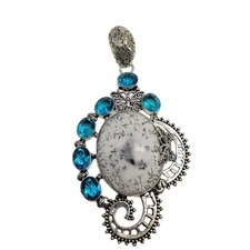 Enchanted Forest Dendritic Agate & Blue Topaz Pendant with Sterling Butterflies