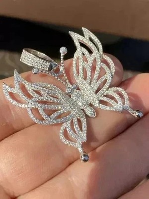 3 Ct Round Cut Real Moissanite Butterfly Beautiful Pendant 14K White Gold Plated