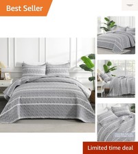 Grey Queen Quilt Bedding Set, 3 Pieces 1 Striped Boho Printed Quilt 90x96 Inc...