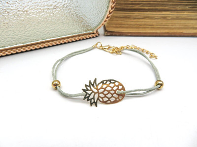 Gold Tone Pineapple Gray Cord Bracelet S4