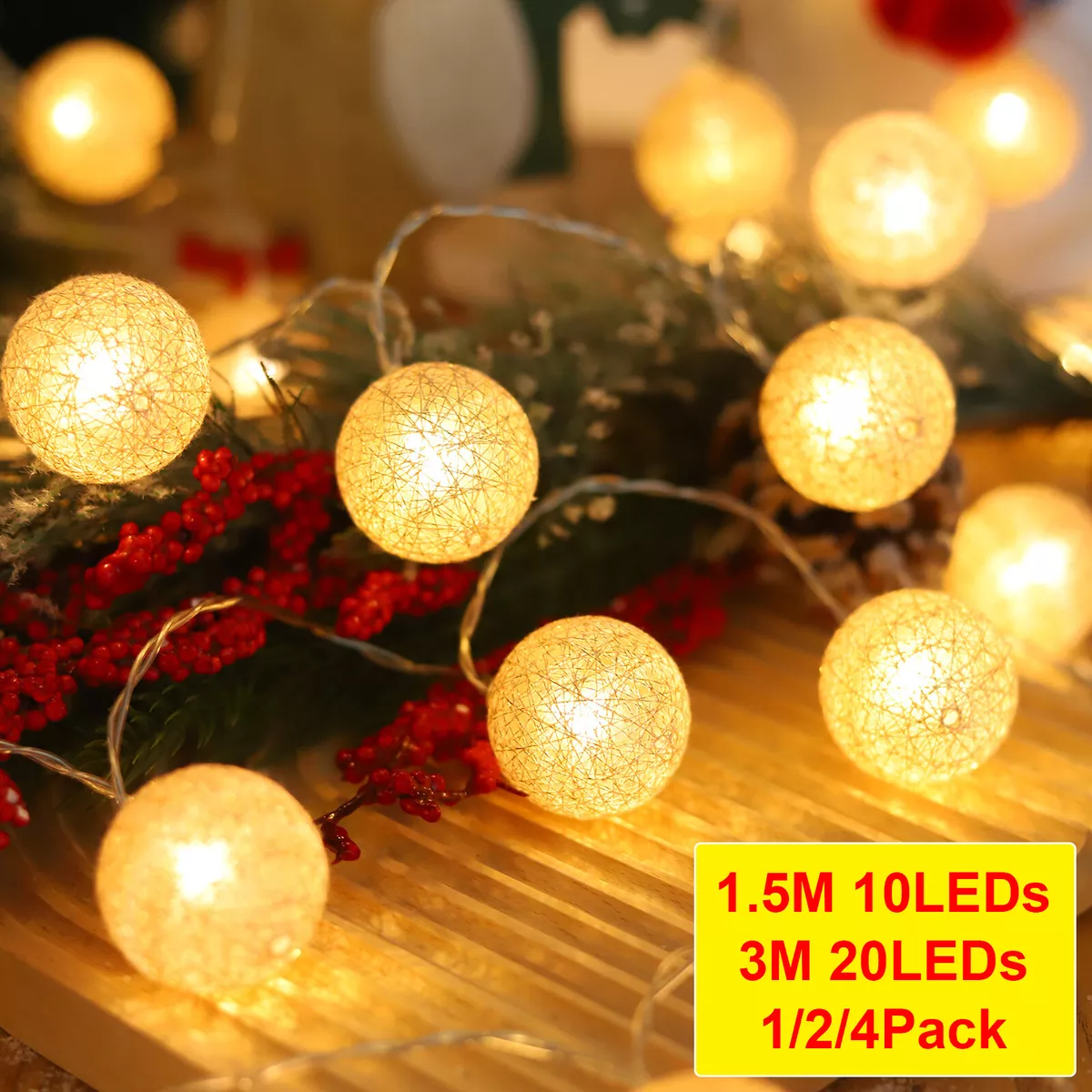 10 20LED Fairy String Lights Battery Globe Garland Cotton Ball