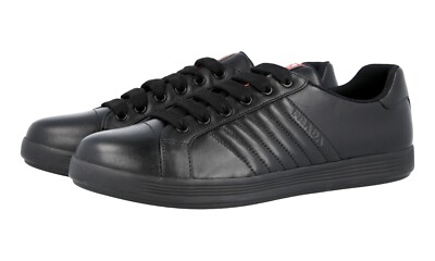 PRADA Leder Sneaker LINEA ROSSA ROTER STREIFEN Komplett Schwarz NEU