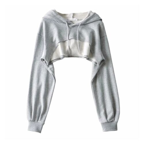 Felpa donna manica lunga ritagliata crop top tinta unita ampia con cappuccio copricostume - Foto 11 di 15