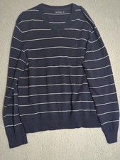 Large Nautica Men's Navy  White Striped V-Neck Sweater 100 Cotton