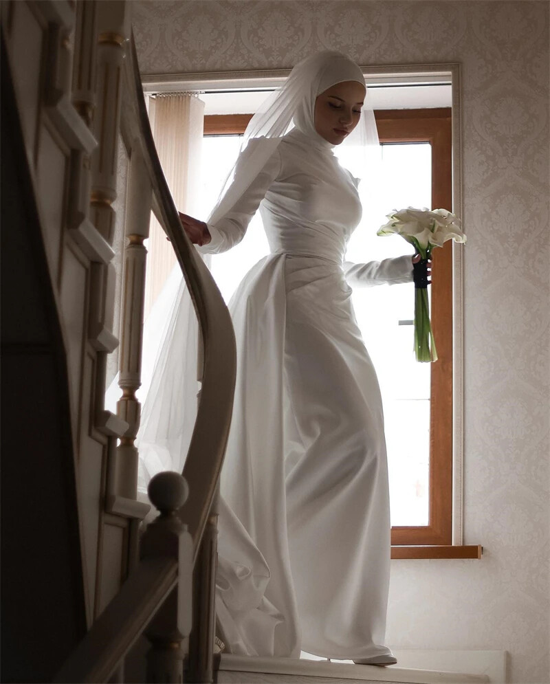 Simple Muslim Wedding Dresses Long Sleeves High Neck Silk Satin | eBay Simple Muslim Wedding Dresses Long Sleeves High Neck Silk Satin | eBay