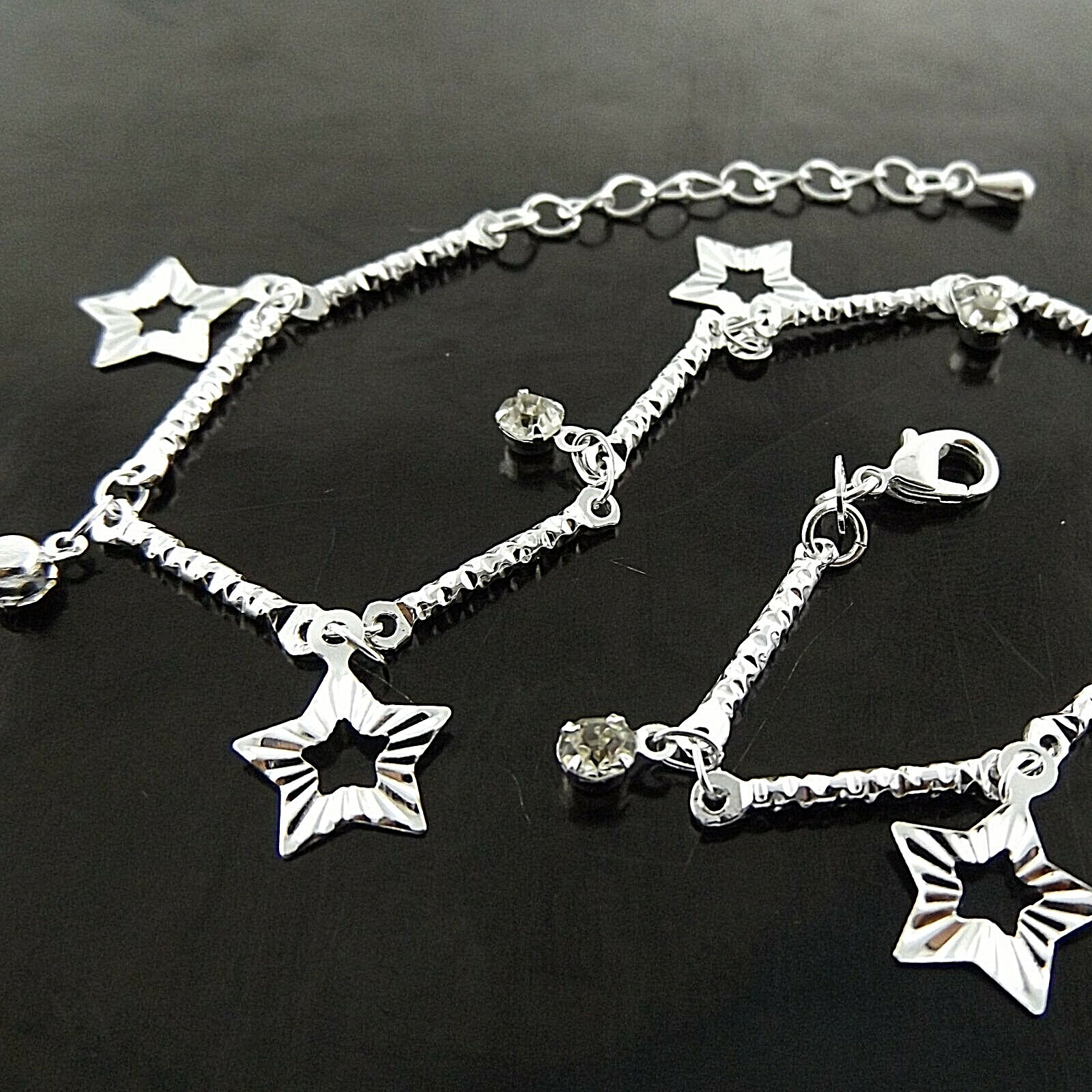 Anklet 925 Sterling Silver Filled Star Simulated Diamond Bead Bracelet 25cm-image