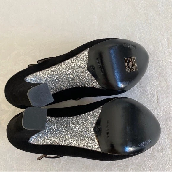 Miu Miu Black Suede Glitter Sole Mary Jane Heels, Size 38 - Image 3 of 4