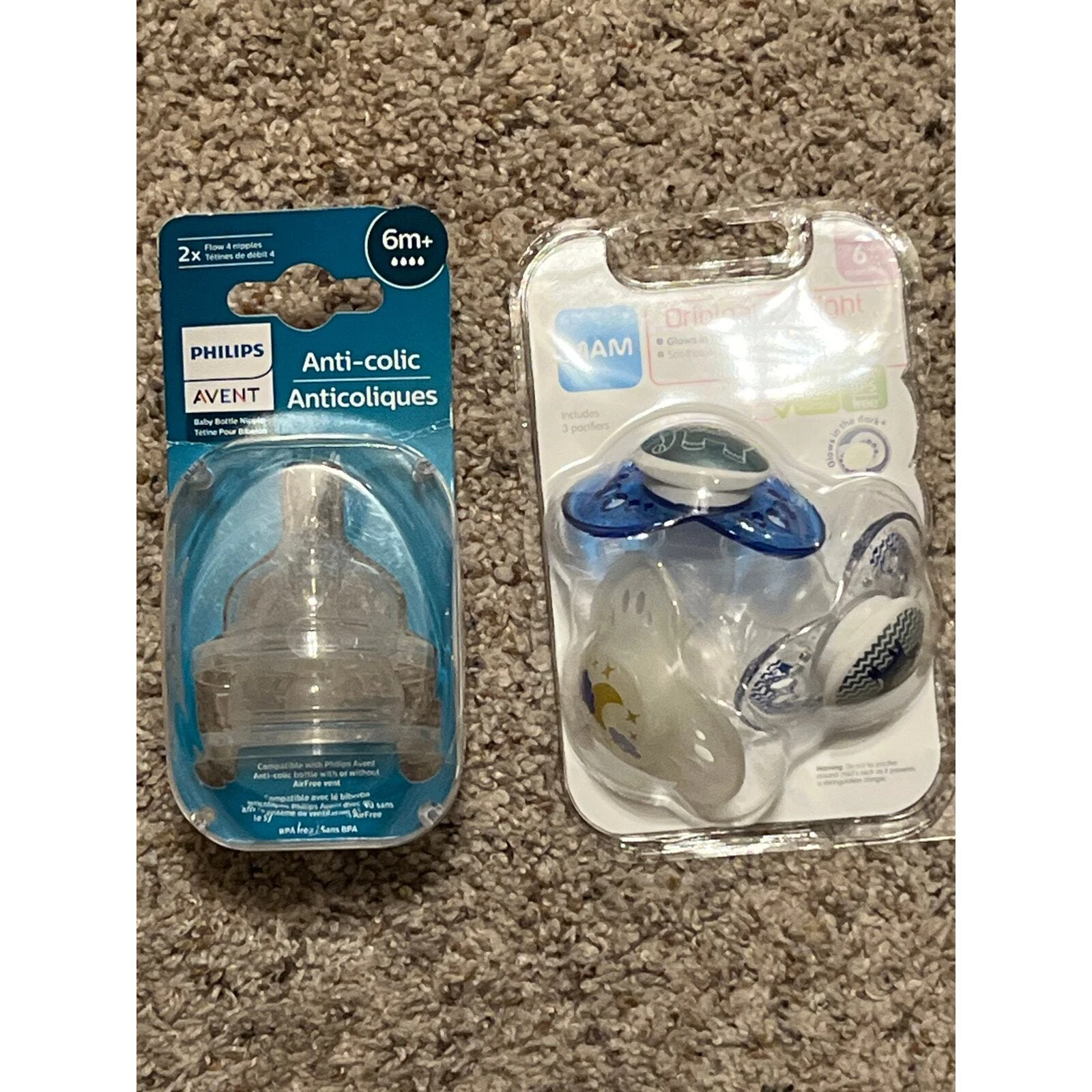 Anti Colic Bottle Nipple (2) - MAM Mambaby Pacifiers (3) LOT Six Mths NEW Glow