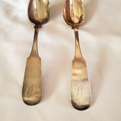 Coin Silver Fiddle Spoons 2 RARE Historic 1830-39 Bigelow & Co Boston 6" 28 gr. - Picture 2 of 10