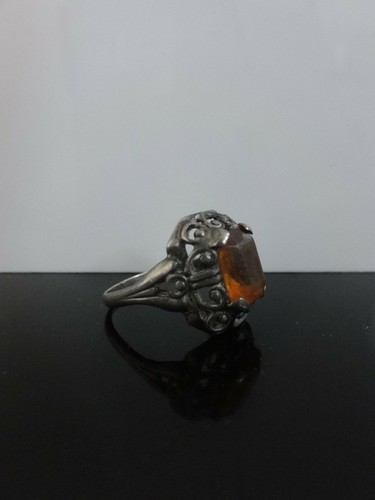 Antique Orange Stone Paste or Amber 835 Silver Scrolls Ring - Picture 5 of 9