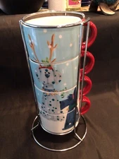 Pier 1 Set of 4 Stackable Coffee Mugs Cups & Rack Christmas Dogs Design EUC