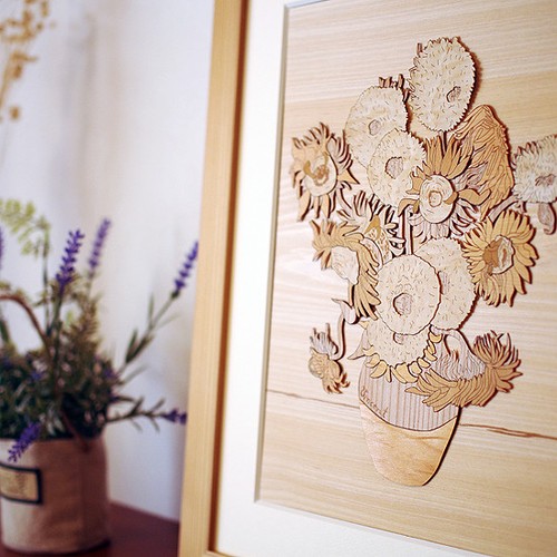 Japanese Wood Collage 3D-Art Handmade Kit Van Gogh Sunflowers Craft 30x21cm - Picture 8 of 9