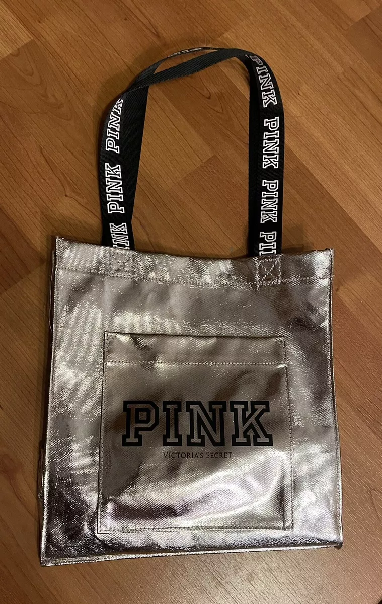 Silver Victoria Secret PINK Tote Bag ~ Silver / Black Logo Shiny Front Logo