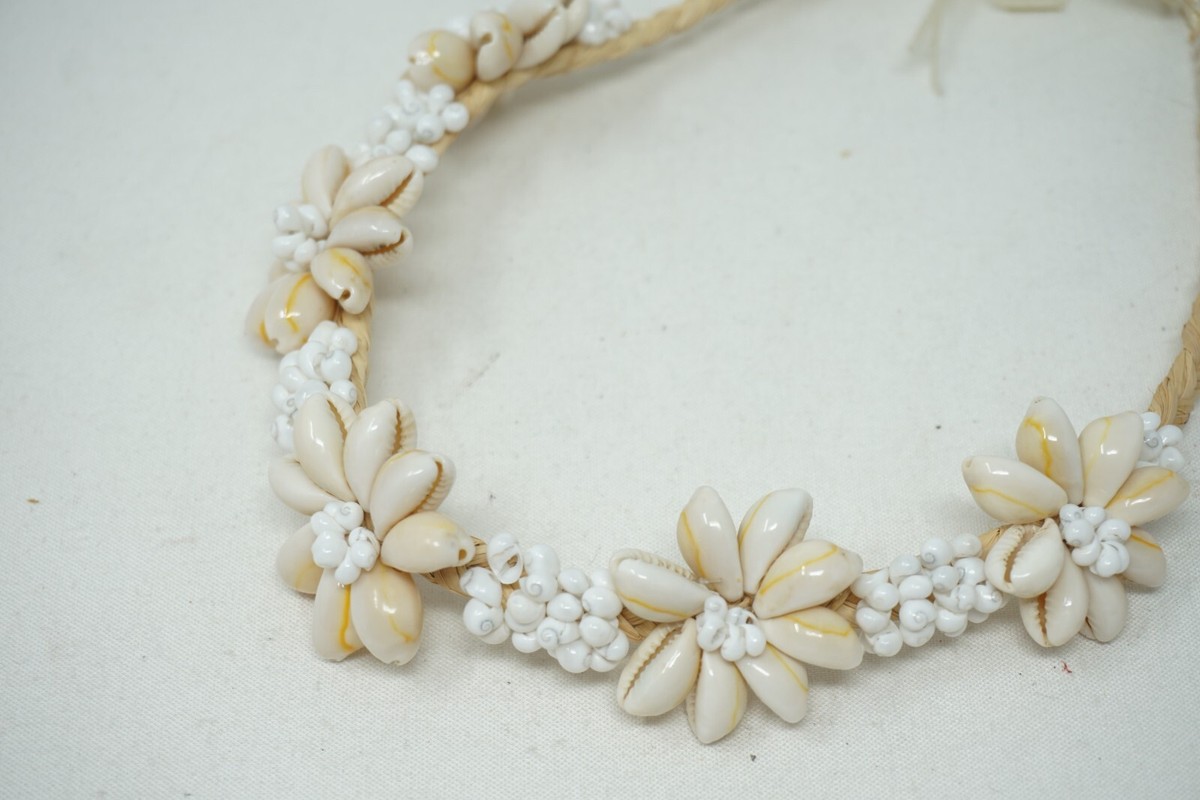Cowrie Flower Braided Sea Grass Necklace Handmade Sea Shell-Vintage View 5