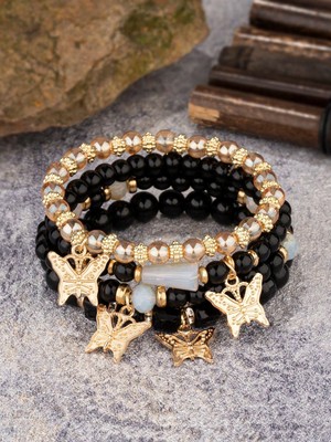 4pcs/set Butterfly Charm Beaded Bracelet in Black Color and Gold-tone