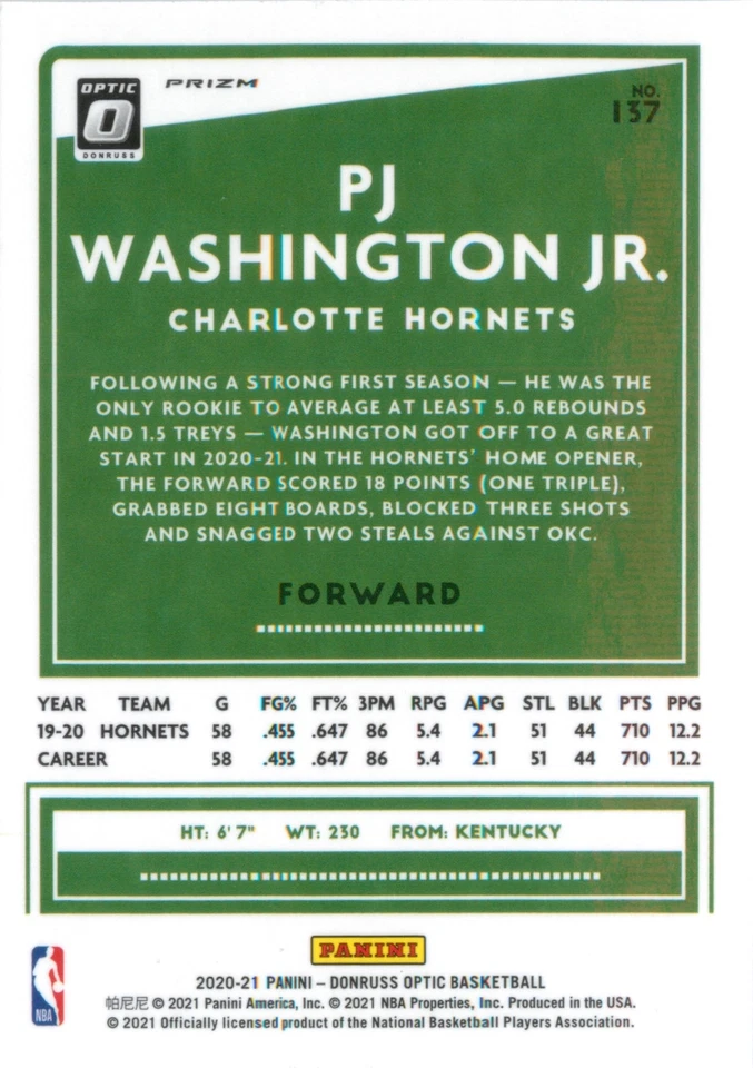 PJ Washington Jr. 2020-21 Optic Basketball Purple Shock Prizm Holo Card #137 - Image 2 of 2