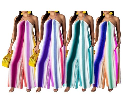 Women's Elegant Loose Fit Chiffon Halter Neck Backless Wide Leg Jumpsuits Romper - Picture 2 of 22