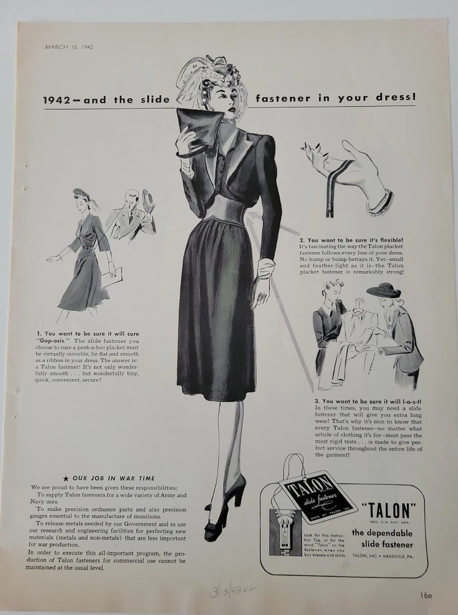 1942 Talon Zipper slide Fastener women's dress vintage fashion ad