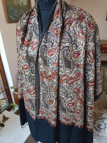 FANCY KASHMIRI BLACK CREWEL ALL Zari EMBROIDERED FLORAL SILK wool PASHMINA STOLE - Picture 5 of 8