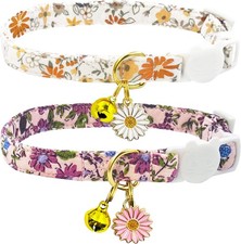 2 Pack Cotton Breakaway Cat Collars Set with Bell and Flower Pendant, Cute