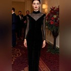 Vintage Tadashi Shoji Mock Neck Sheer Velvet Long Evening Dress Black XS