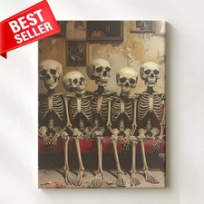 Canvas Eternal Waiting Room Five Seated Skeletons Interior Scene Side Wall Art