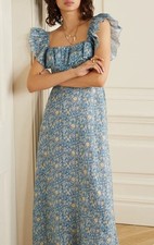 ZIMMERMANN Carnaby Floral Linen Maxi Dress Blue Ditsy Ruffle Square Neck AU 0 XS