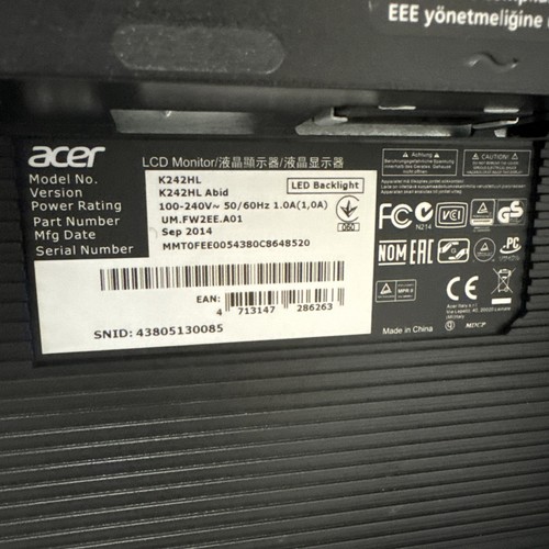 ACER K242HL 24" FHD LCD Monitor FULLY TESTED - FREE DELIVERY #A - Photo 6/12