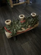 Vintage Mid Century Atlantic Mold Ceramic Yule Log Christmas 3 Candle Holder EUC