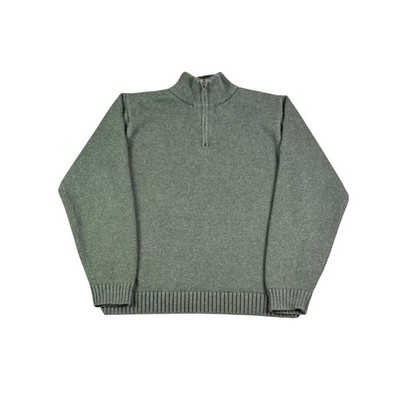 LL Bean Mens Quarter Zip Sweater Olive Green 100% Cotton Mock Neck M-REG 0DBA1
