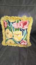 Needlepoint Floral Square Decorative Throw Pillow Fringed 14x14 Multicolor
