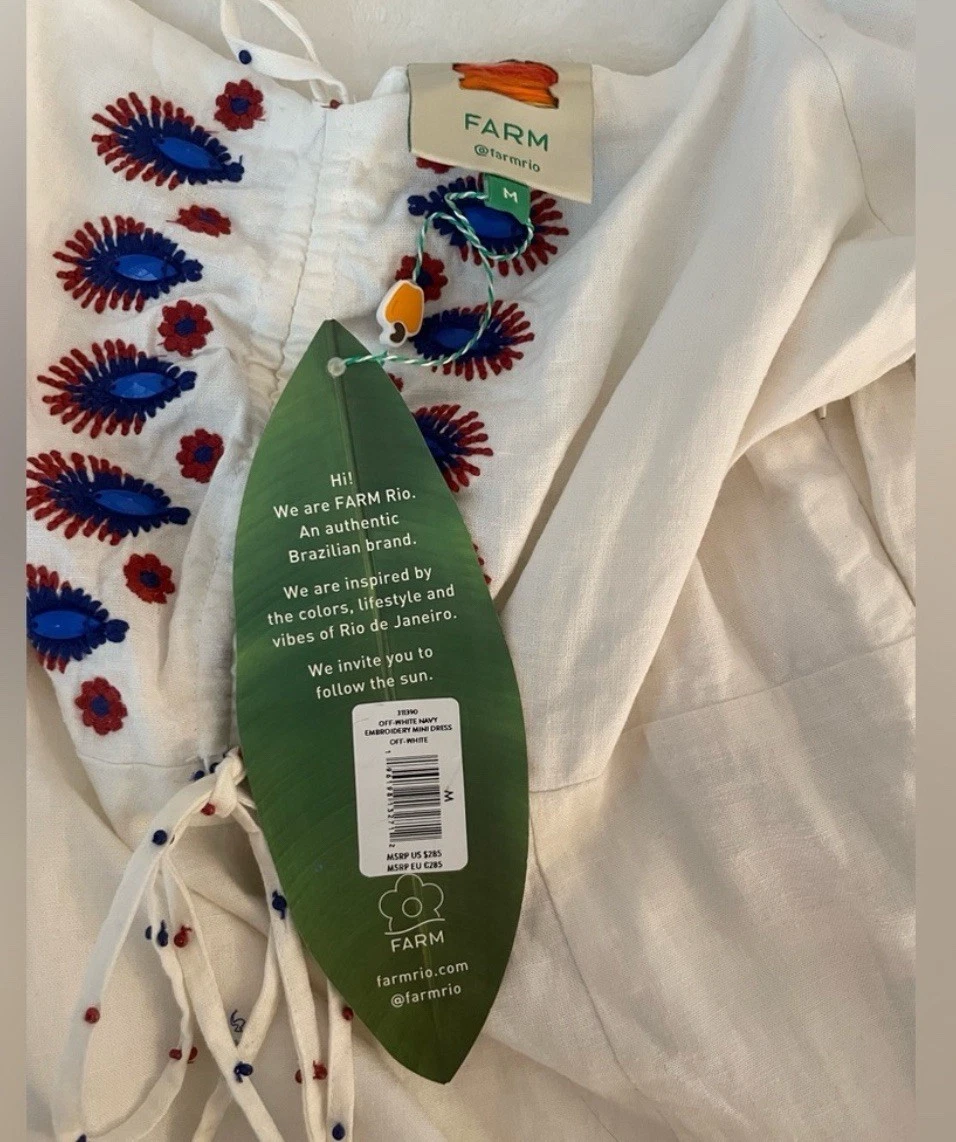 Mini Abito Farm Rio Off White Navy Ricamato Taglia Media Nuovo con etichette