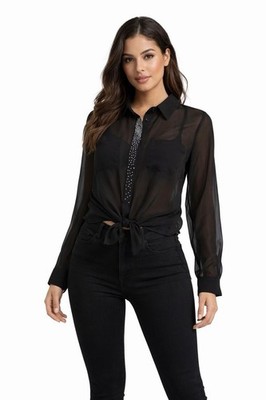 Bongo Women's Black Sheer Rhinestone Button Up Tie Front Blouse Size Medium