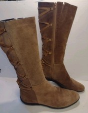 Y2K Brown Suede Knee  High Lace  Up Boots Zip Engraved Caps Sz 8.5