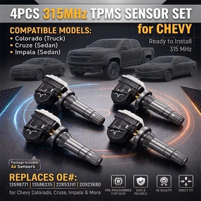 4Pcs Pre-Programmed 315MHz TPMS Sensor for Chevy GMC Buick Cadillac - Image 1 of 4
