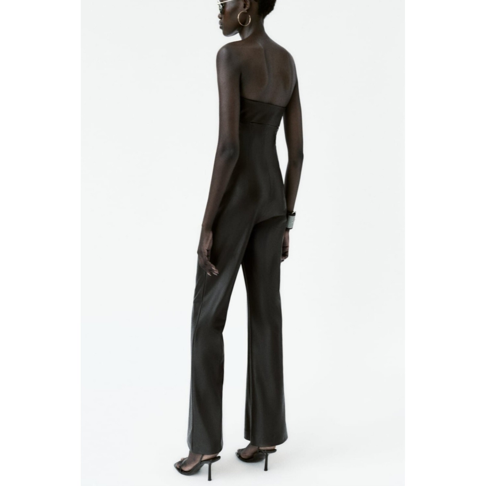 ZARA Black Faux Leather Strapless Jumpsuit SZ L image 6