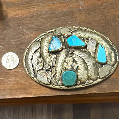 Navajo, silver sterling belt buckle with turquoise stones ￼