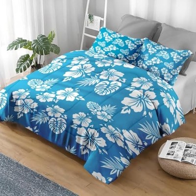3本セット QUEEN OF BLUE KAHO HANA Comforter Set Size, Blue Hawaiian Flower Soft 3 Pcs King Hibiscus