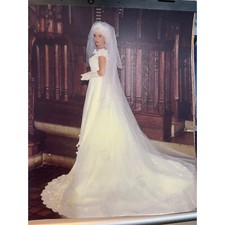 Vintage Ron Lovece Wedding Gown Cathedral Length White V Neck Cap Sleeve