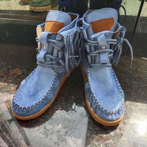 Mokassin Stiefel Winter Damen warme Schuhe kurz flach Wildleder Fransen Stiefeletten - Bild 24 von 27