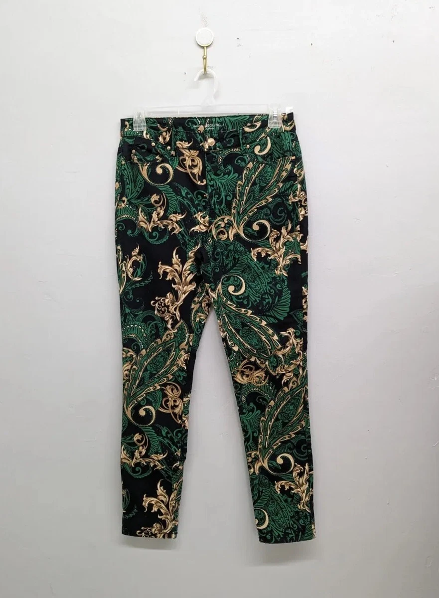 Chico s Platinum Black Green Paisley Pull On Scroll Jeggings Jeans Size 1 US M 8