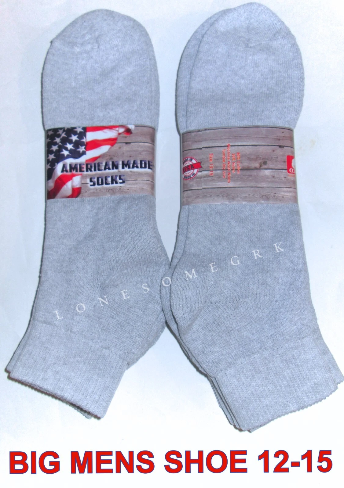 12 Pairs BIG MENS Shoe 12-15 Cotton Lightly Cushioned Ankle Socks USA Made