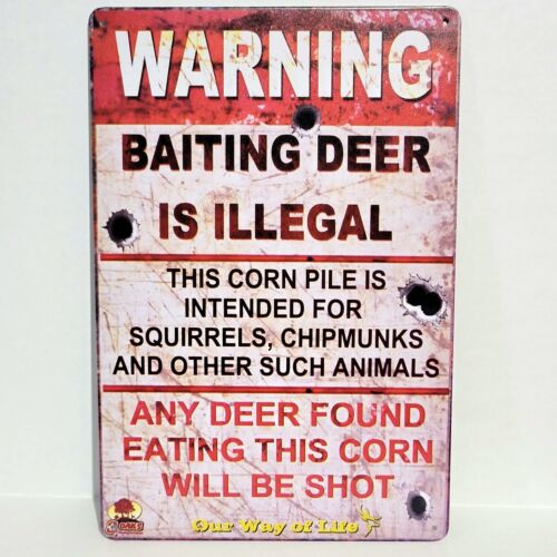 Warning Deer Baiting Funny Rustic Vintage Metal Tin Signs Man Cave Garage - Picture 1 of 1