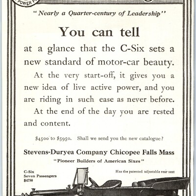 1912 Stevens-Duryea C-Six Touring Car Print Ad Auto Chicopee Falls, Mass. 1J