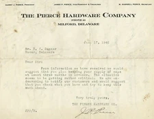 Milford Kent County Delaware 1942 Pierce Hardware Store Business Letter