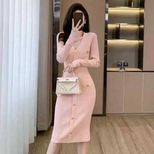 Tubino Vestito Abito Donna Elegante Manica Lunga Maglia Nero Elasticizzato 04930